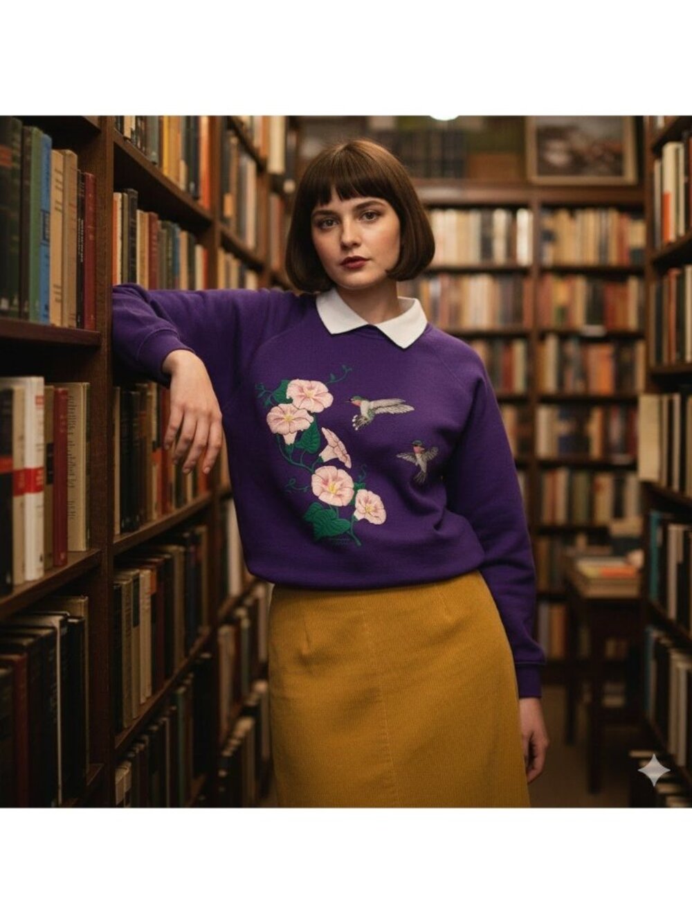 Vintage Morning Sun Sweatshirt Purple Collared Hummingbird Floral M Grannycore
